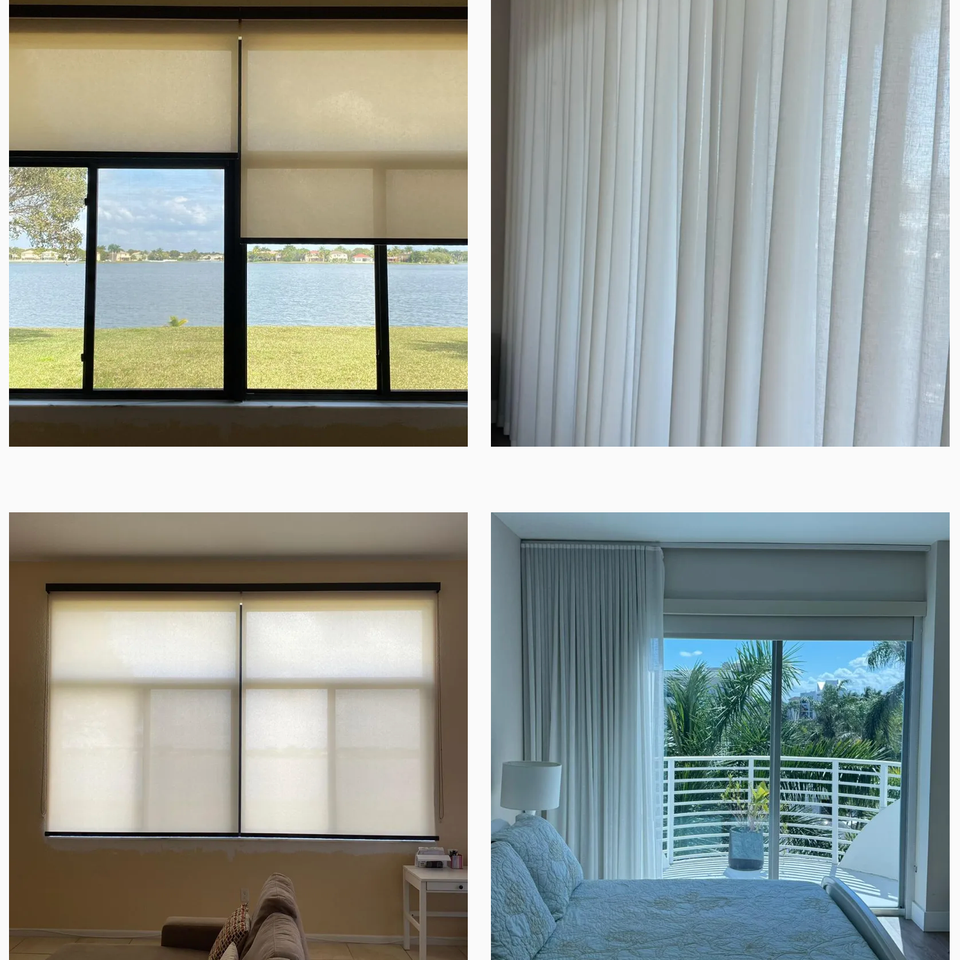Roller shades and sheer drapery installed in modern living and bedroom spaces with large windows and scenic views