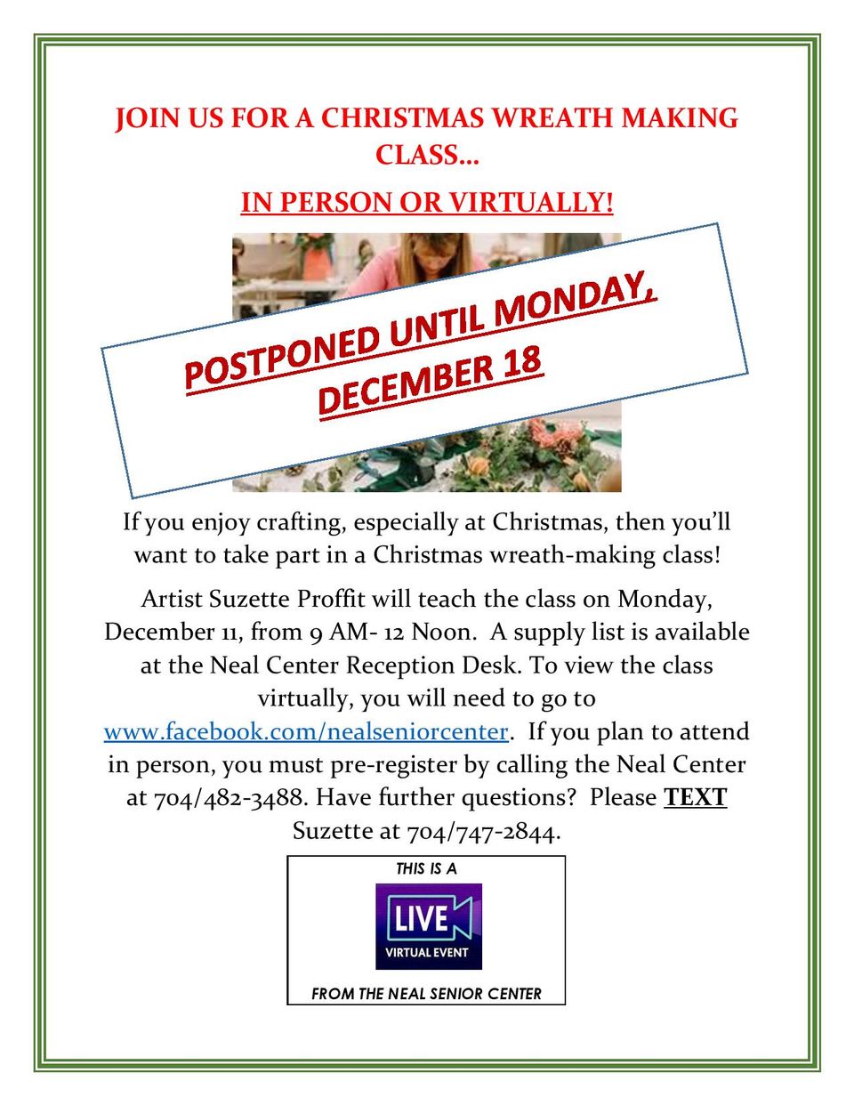 Poster christmas wreath class 2023 postponed