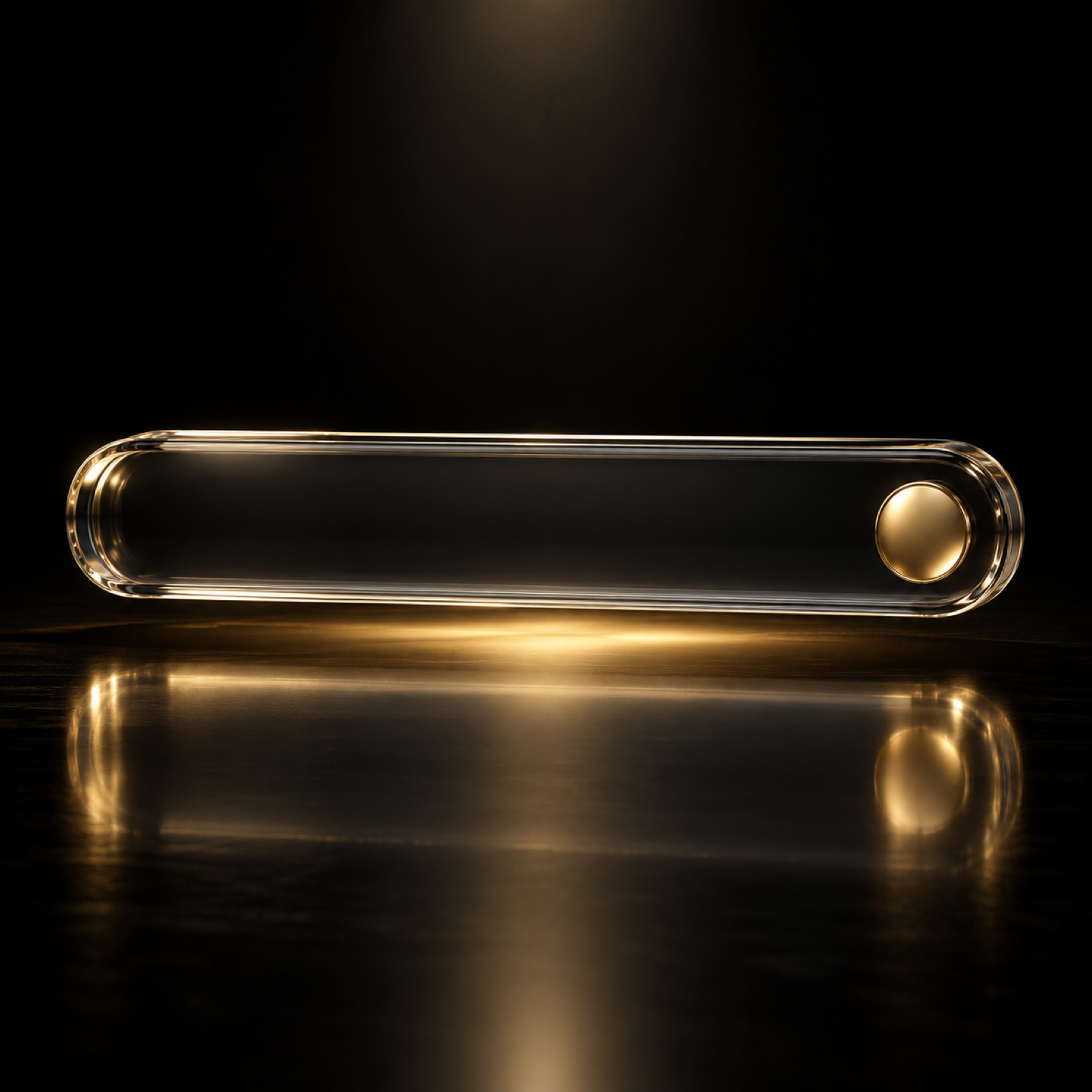 Glass search bar glowing gold on a black surface
