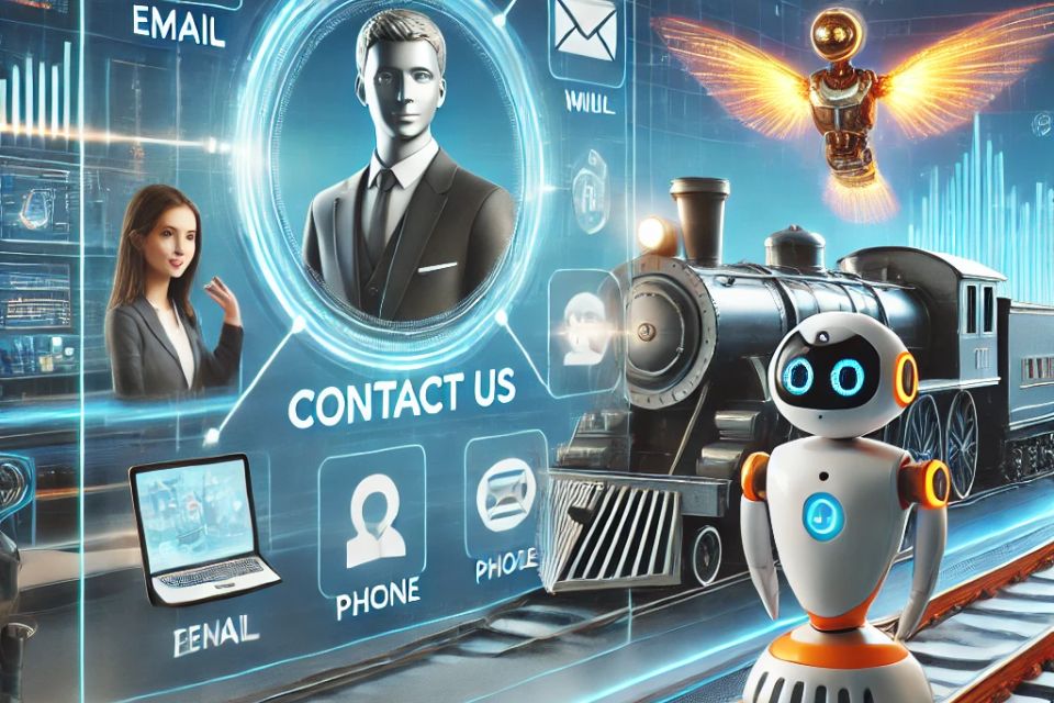 Dall·e 2025 03 17 16.55.05   a modern and inviting 'contact us' scene for a business. in the center  a sleek digital interface displays contact options  including email  phone  an