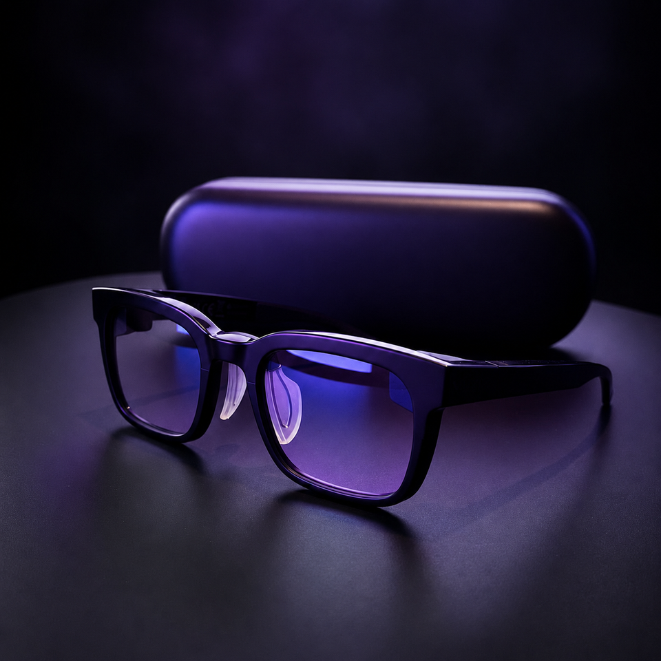 ECHOi smart glasses and carrying case illuminated in the brand’s purple and blue colors.