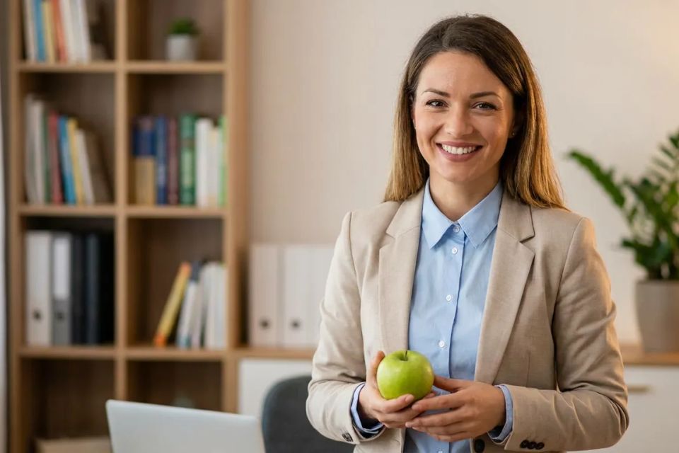 Smiling certified health coach holding a green apple in a professional home office, ready for a client consultation.