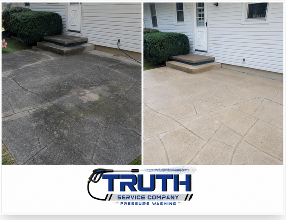 Before and after photos of a concrete patio after pressure washing.