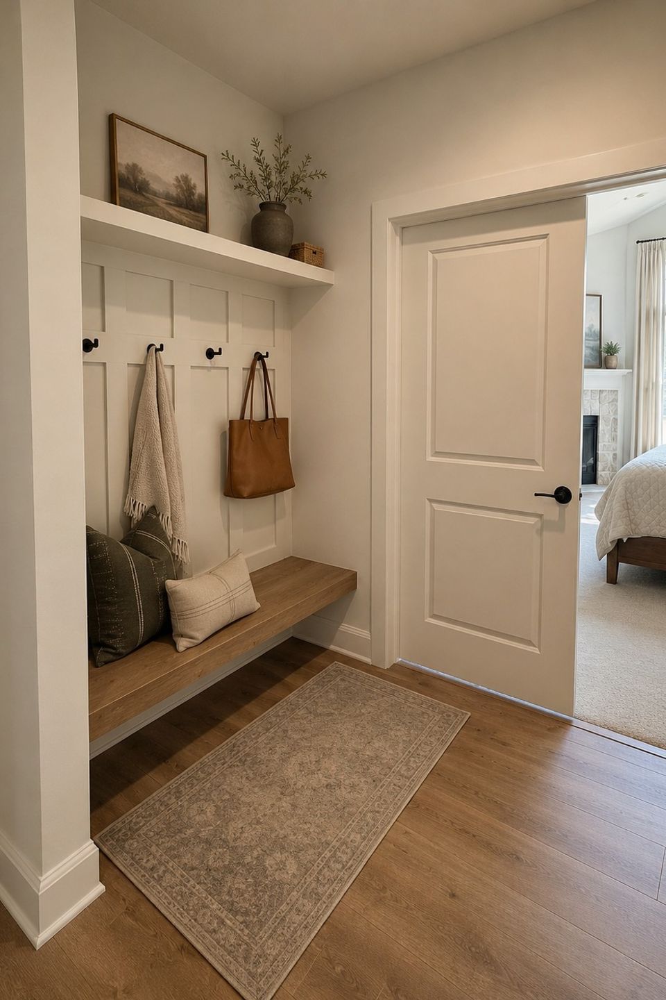 Custom mudroom with built-in bench and storage in a Hudson, Ohio home