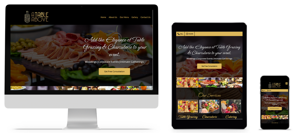 A Table Above catering and charcuterie website in Hagerstown Maryland displayed on desktop, tablet, and mobile showcasing grazing table and event catering services.