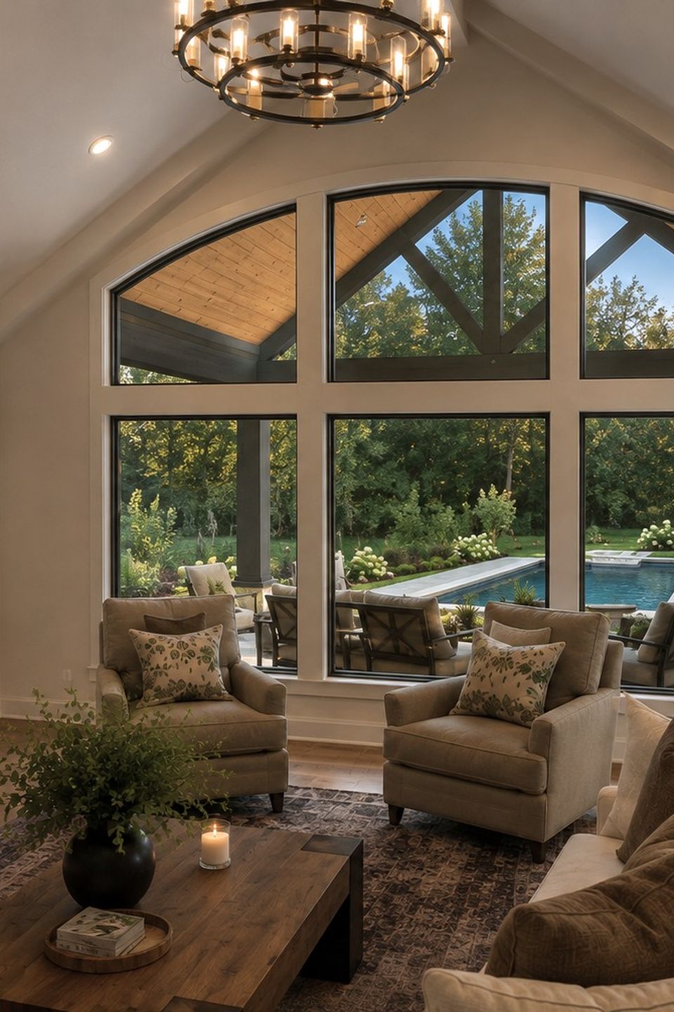 Custom great room with vaulted ceiling, stone fireplace and pool views in Hudson, Ohio