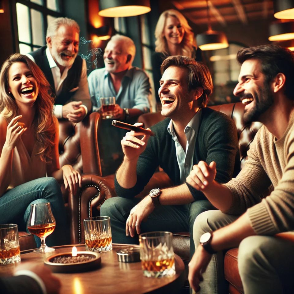 Dall·e 2025 04 04 17.23.16   a casual  welcoming scene in an upscale cigar lounge. a small group of friends or acquaintances—diverse in age and appearance—are laughing  conversing