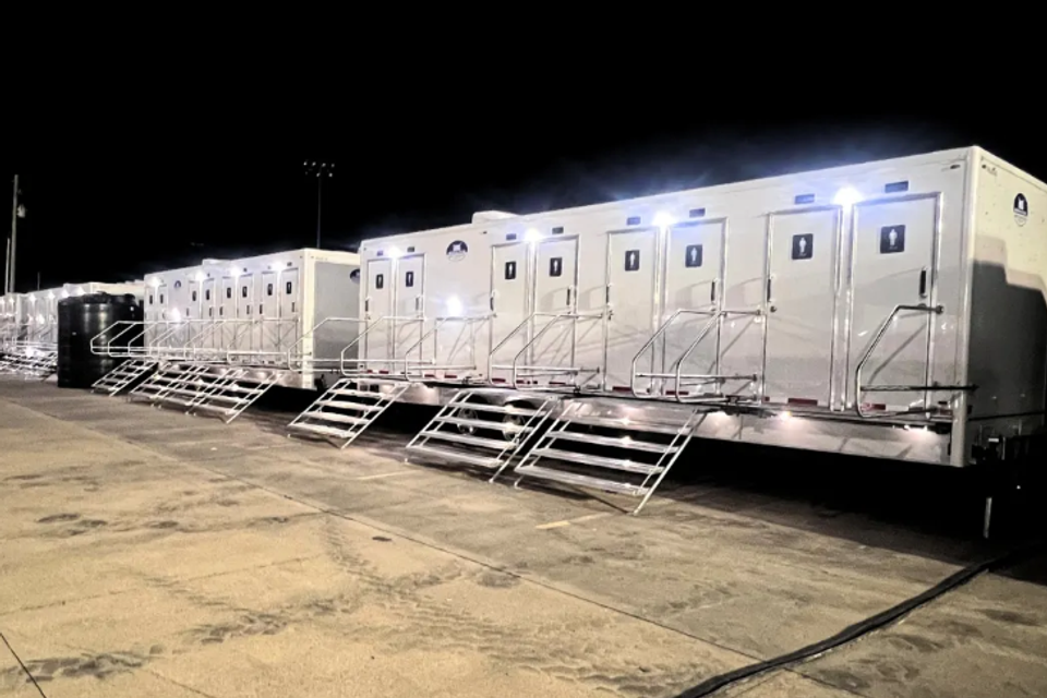 Portable shower trailer for construction man camp near Colorado City, TX