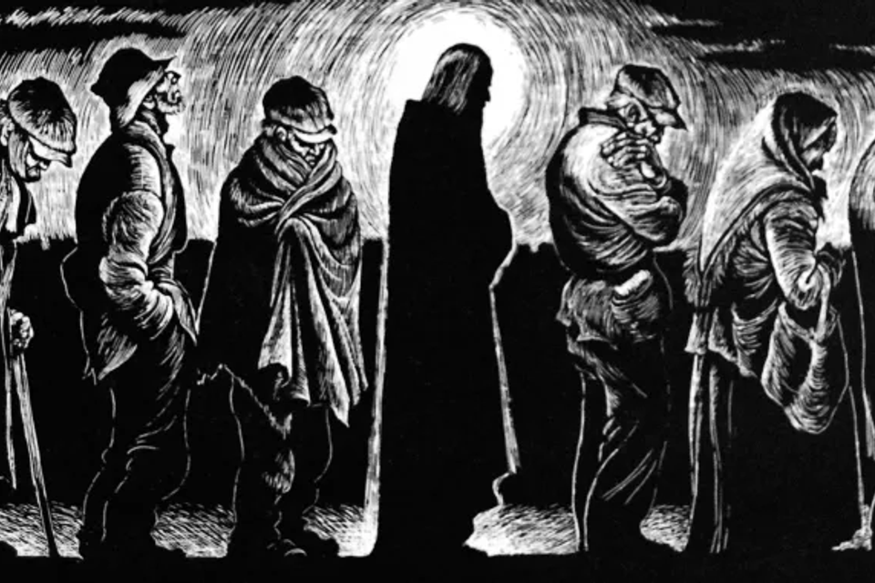 “Black and white illustration of Christ standing among the poor, symbolizing compassion, dignity, and Catholic Worker values.”