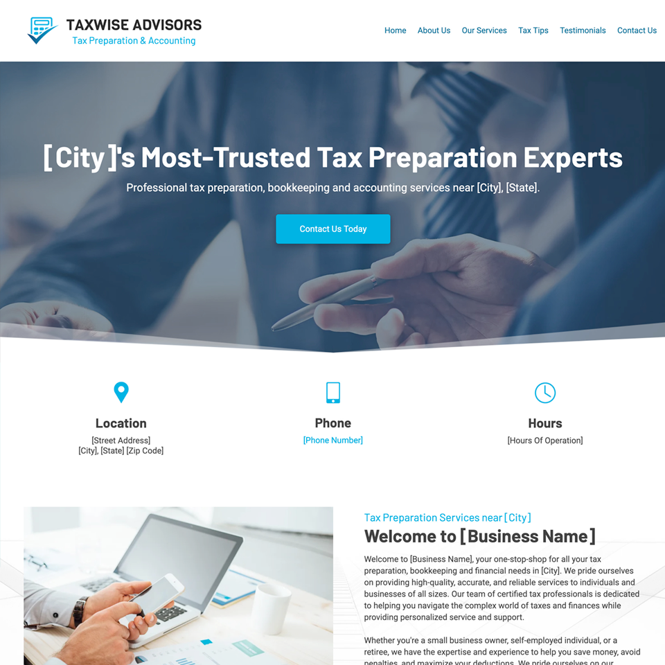 Tax preparation accounting website design template