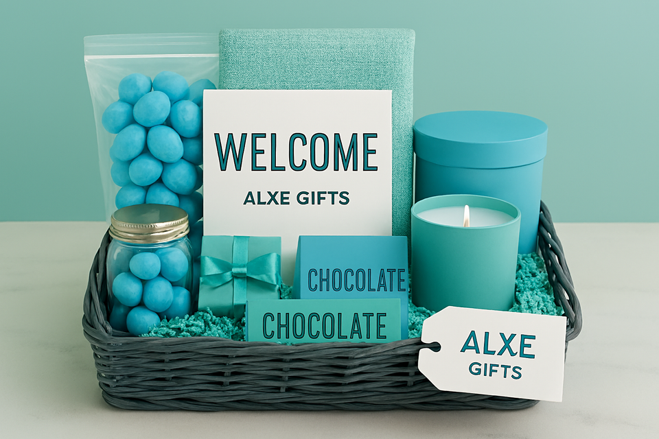 Welcome gift basket in teal and blue colors