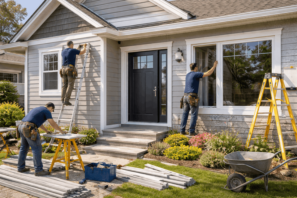Contractors installing siding and replacement windows during exterior home improvements in Spring, Texas