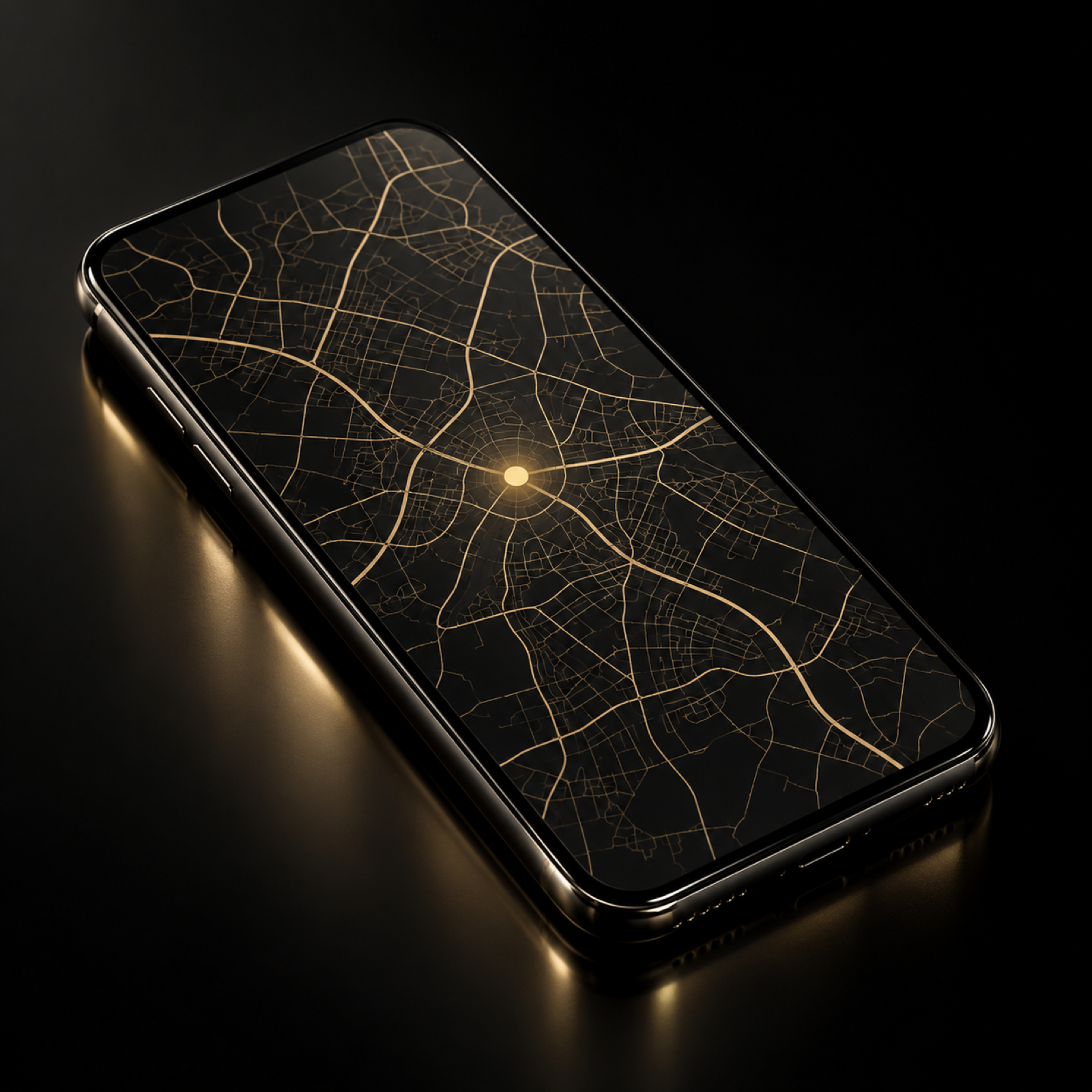 Smartphone showing a dark map with a glowing gold location dot