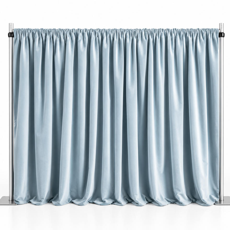 Freestanding ice blue pleated curtain backdrop