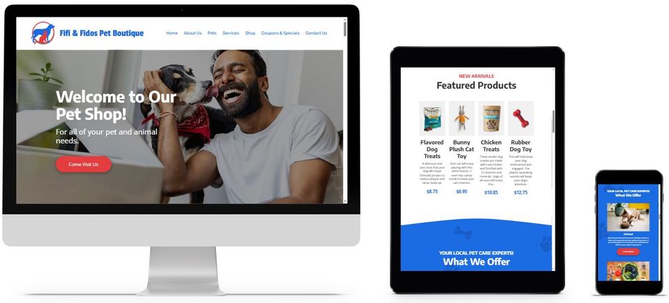 Local pet supply store website helping customers find pet products