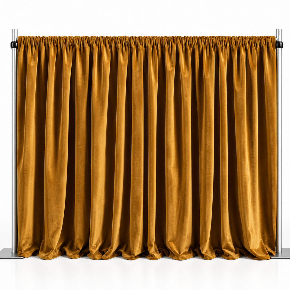 Mustard velvet curtain backdrop setup