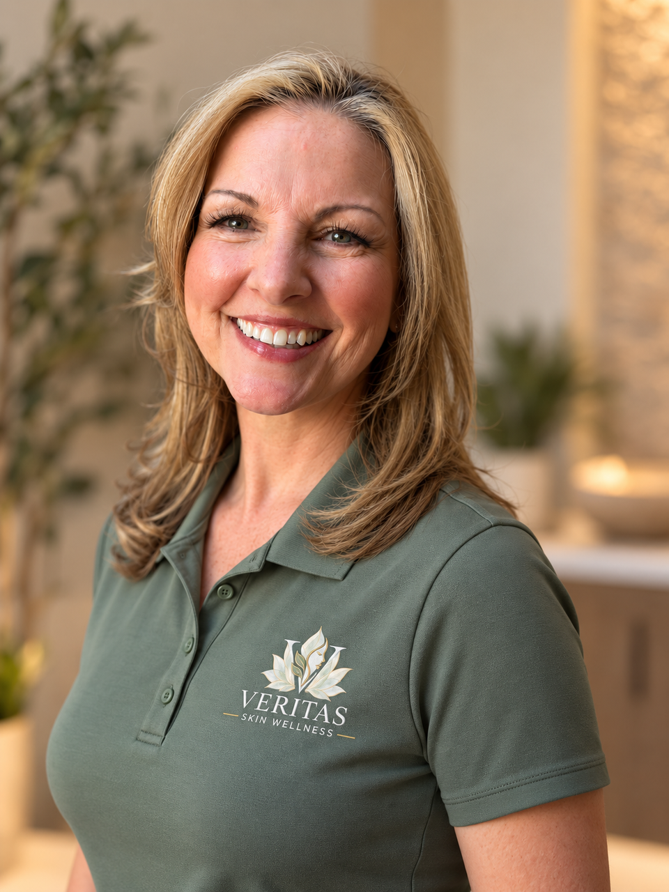 Suzanne of veritas skin wellness in folsom, california, smiling in a branded polo shirt on the contact us page.