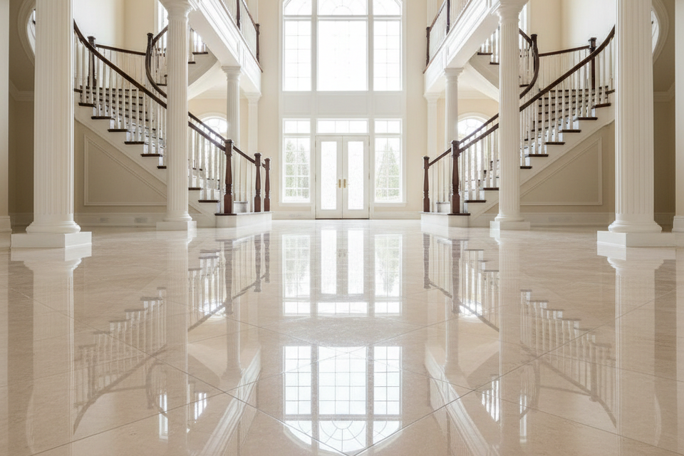 Elegant foyer with polished travertine tile floor, double staircase, chandelier, and arched windows