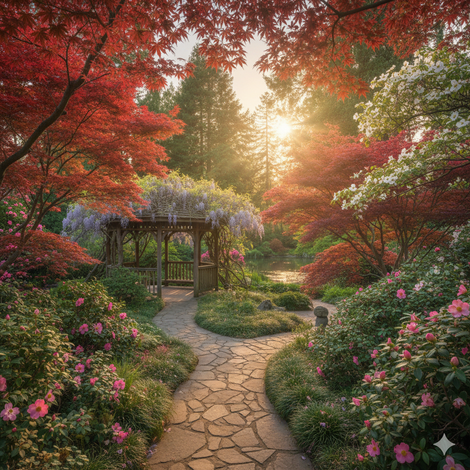 Wooden gazebo with cascading purple wisteria in a landscaped garden at sunset – Carmichael CA