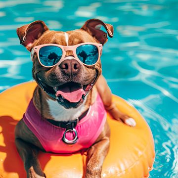 Happy dog with sunglasses floating ring