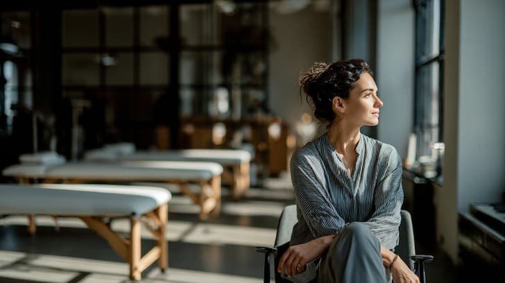 A wellness practitioner looking out the window of her empty studio