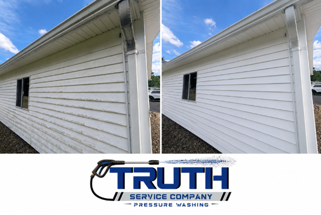 Before and after photos of white house siding with dirt and discoloration removed through pressure washing.