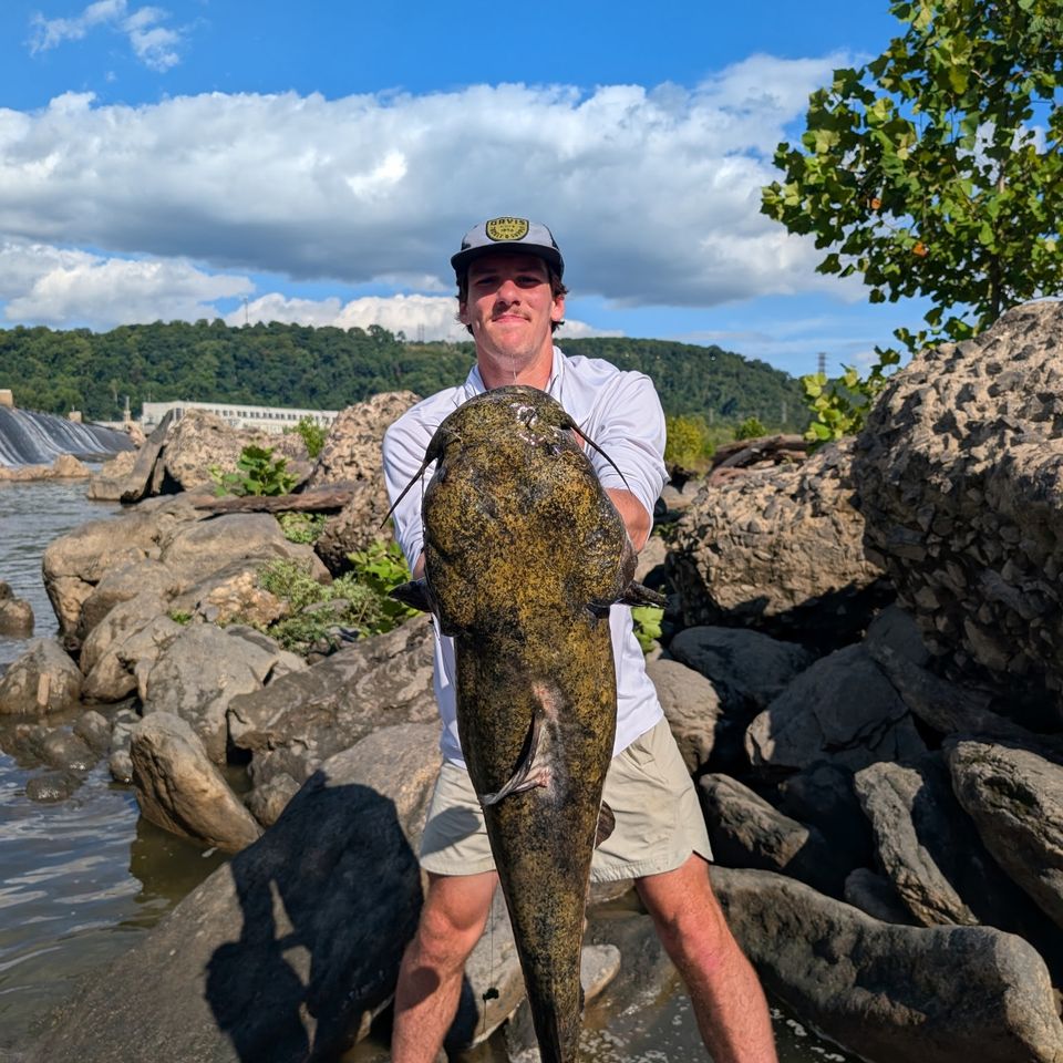 man with catfish along river