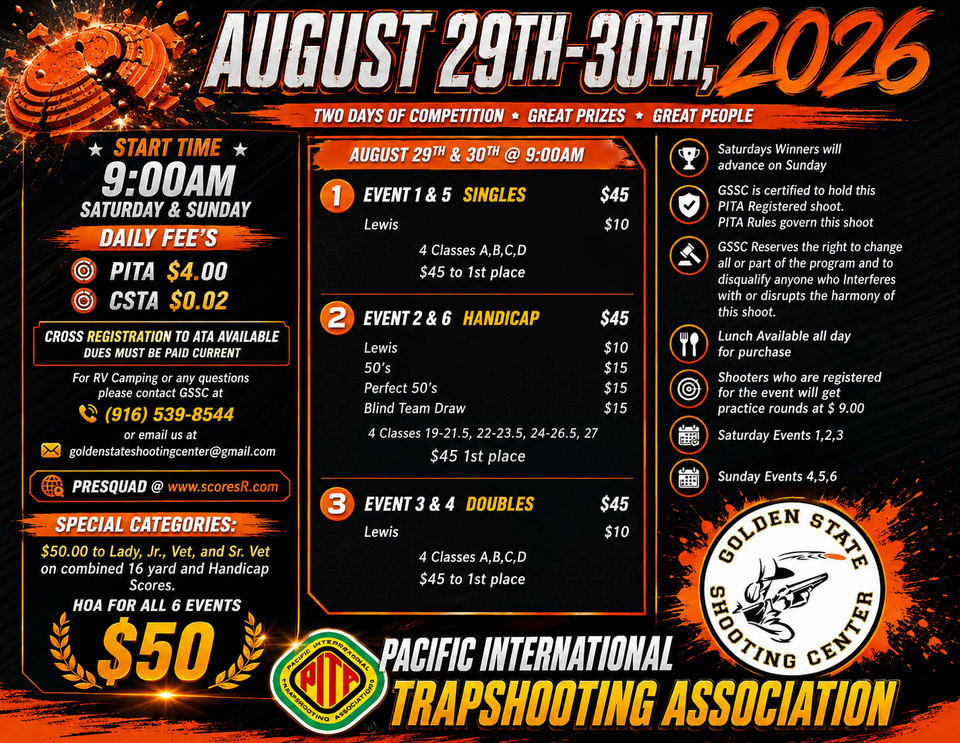 Pacific International Trapshooting Association event flyer for August 29-30, 2026, at Golden State Shooting Center.