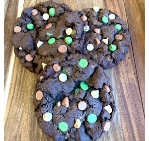 Three Triple Chocolate Christmas Cookie with red, white and green chocolate morsels