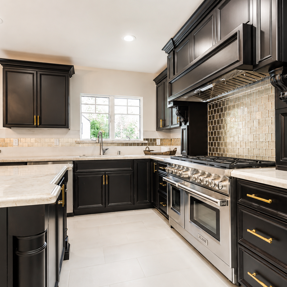 Luxury kitchen renovation featuring custom dark cabinetry by Warehouse Interiors in El Dorado Hills, CA