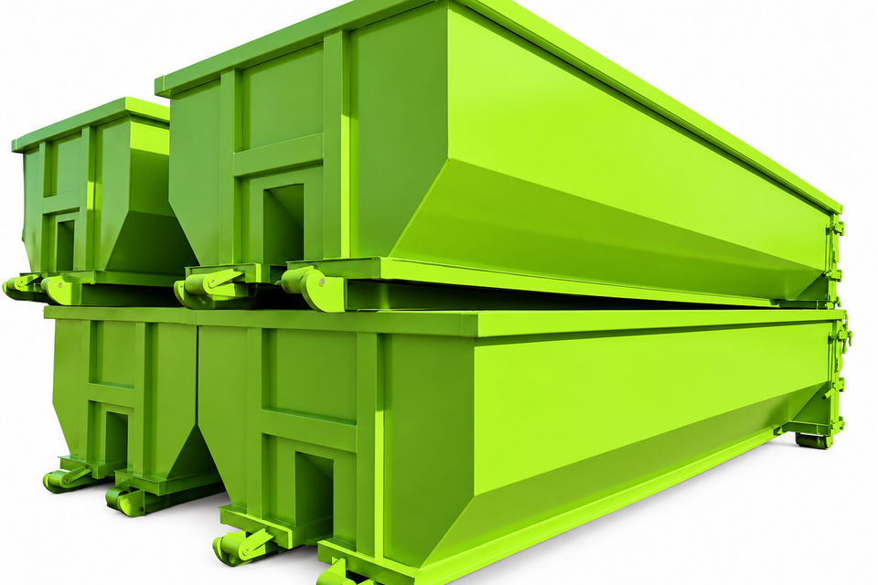 Stacked lime green industrial dumpsters