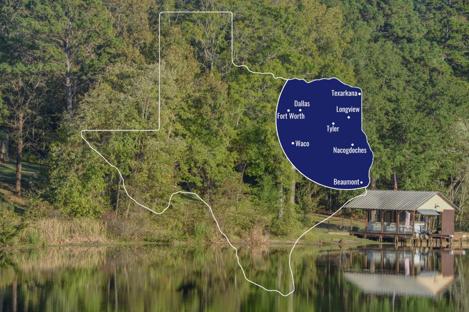Map of the area serviced by Sartain Lock & Safe, a mobile locksmith, with Lake Cherokee, Rusk county, in the background
