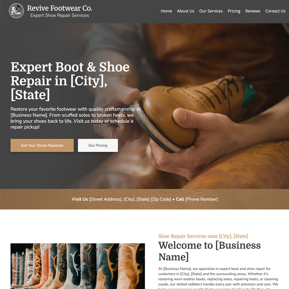 Boot shoe repair website design theme