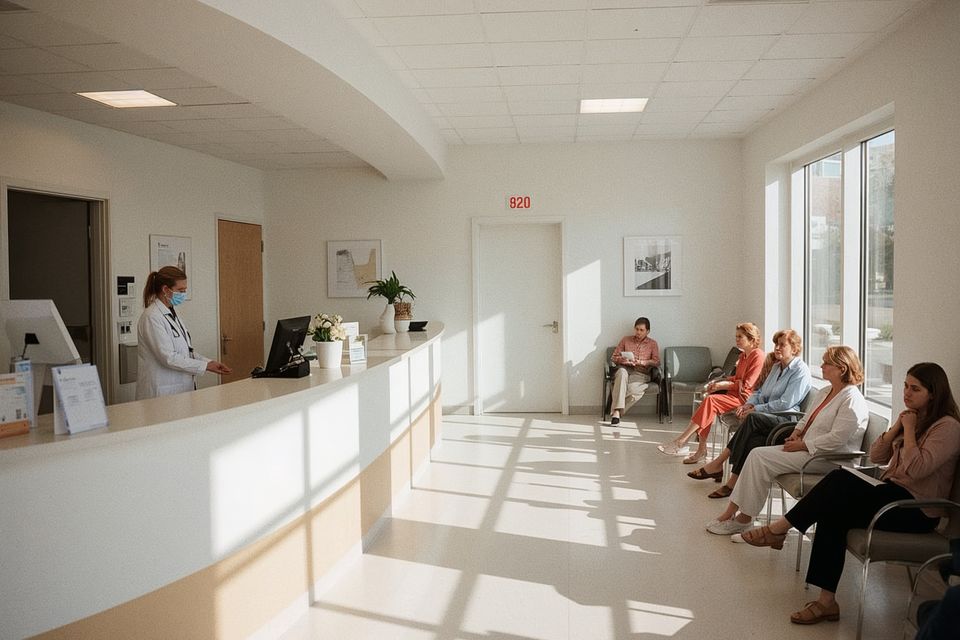 Lucid realism documentary photograph of a bright medical clinic front desk a receptionist assi 3