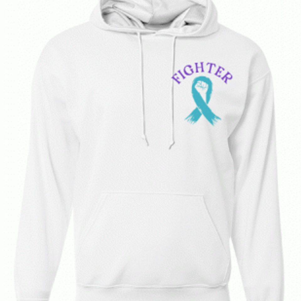 White hooded sweatshirt with a teal awareness ribbon and the word “Fighter” printed on the left chest.