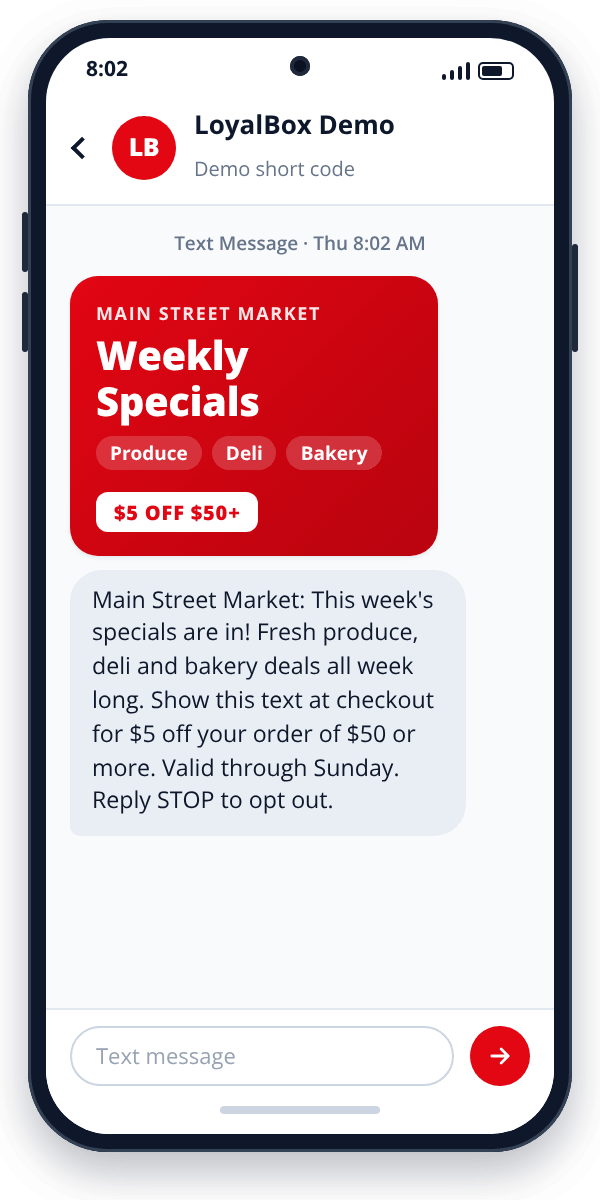 Example text message coupon from a supermarket: weekly specials, $5 off a $50 order at checkout