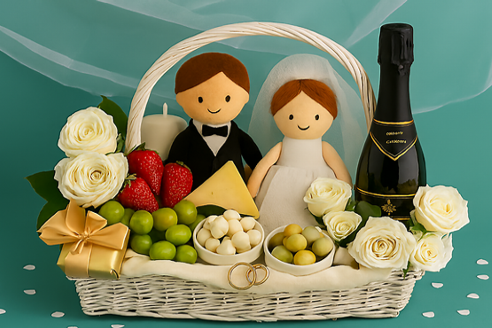 White wedding gift basket in landscape format with a soft teal background and white netting. Includes standing bride and groom dolls with a white veil, champagne, cheese, strawberries, grapes, yogurt candies, sugared almonds, white roses, pillar candles, and gold wedding rings. Wedding 12
