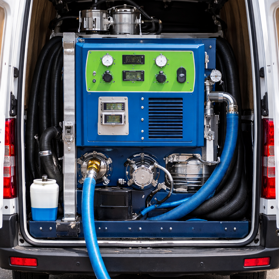 Truck mounted eco friendly carpet cleaning machine installed in the back of a service van with high pressure hoses and control panel system