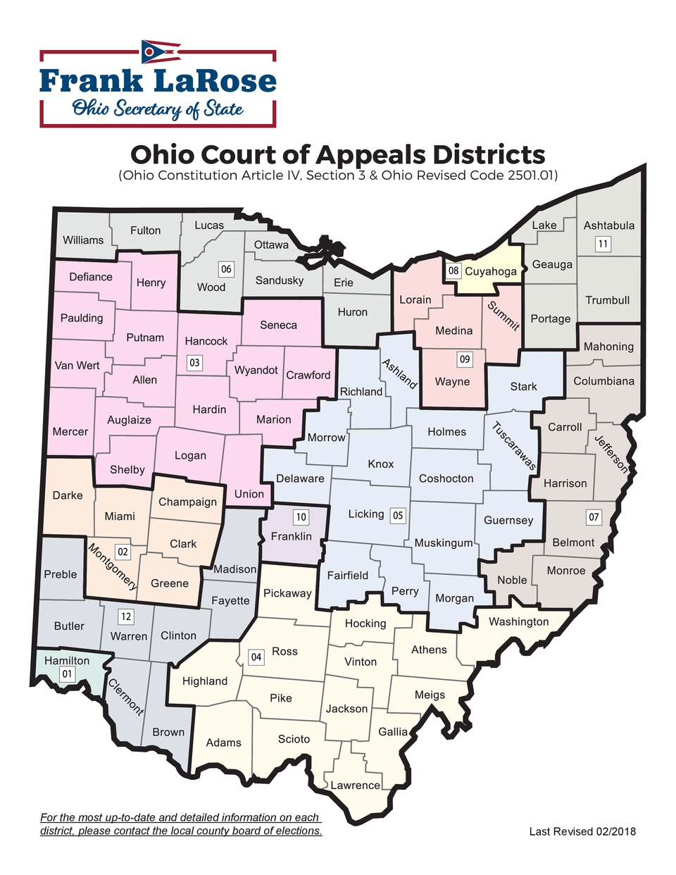 Map of Ohio showing the 12 Ohio Court of Appeals districts and the counties in each district.