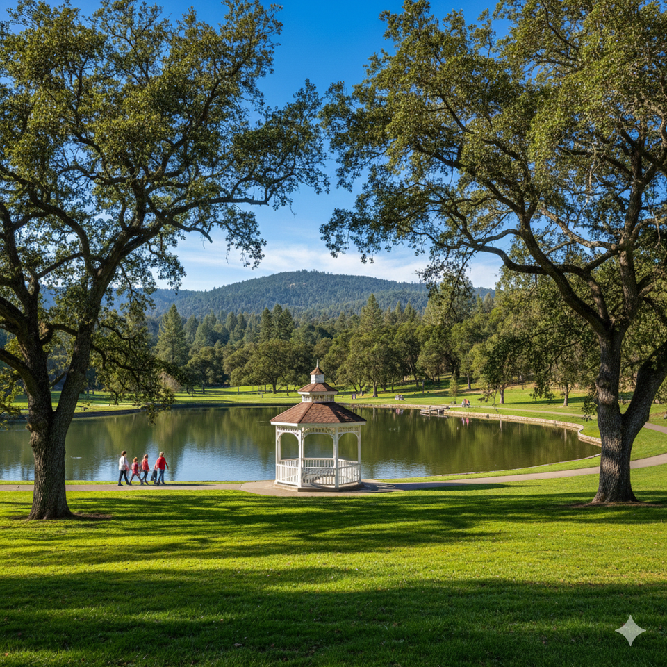 Scenic view of Cameron Park Lake in California, featuring a white gazebo, large oak trees, walking path, and distant foothills under a clear blue sky