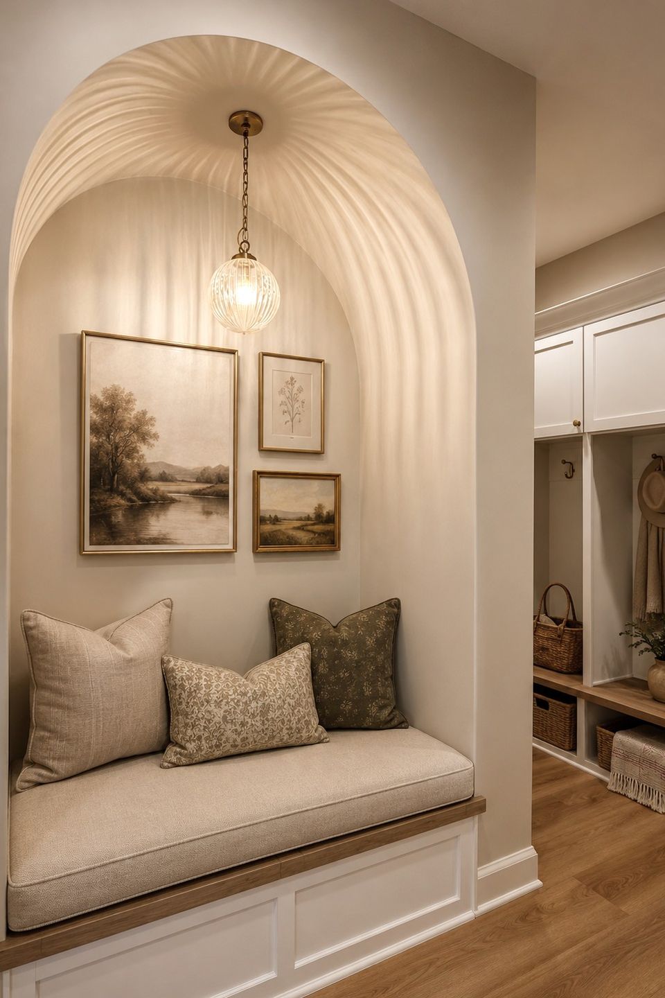 Built-in seating and mudroom cabinetry in Chagrin Falls home remodel