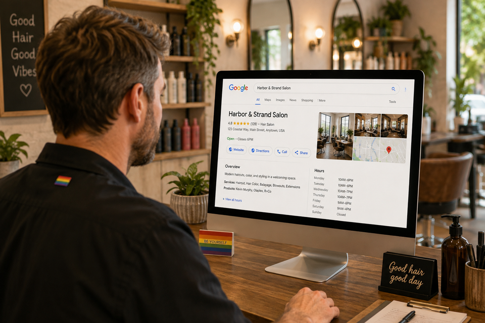RCG Digital Google Business Profile Guide, with Salon Owner Viewing Google Business Profile on Monitor