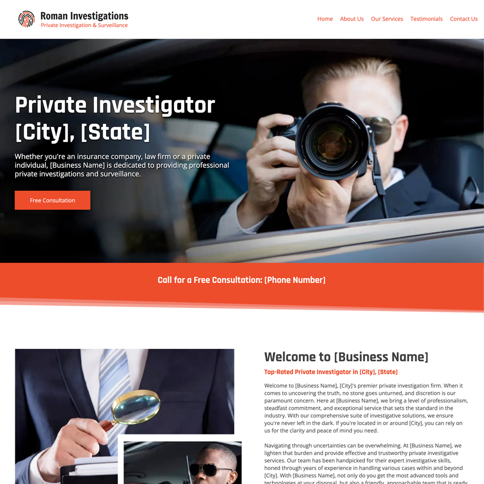 Private investigator website design theme