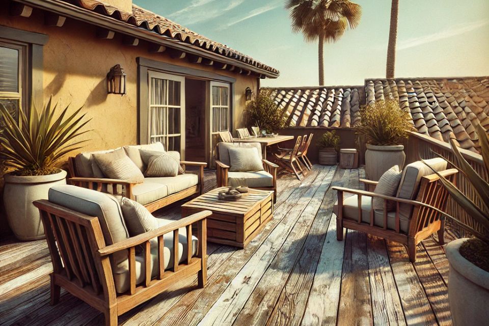 Dall·e 2024 09 12 21.59.31   a southern california style roof deck with a worn out appearance. the wooden flooring is faded and weathered from sun exposure  with cracks and discol