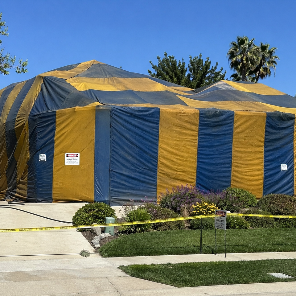 House covered with fumigation tent for termite control treatment in Sacramento