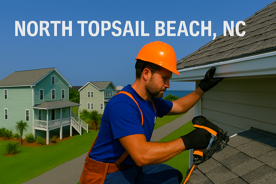 Nova Roofing + Construction LLC employee adjusting house gutter in North Topsail Beach NC with pastel beach homes and ocean in background