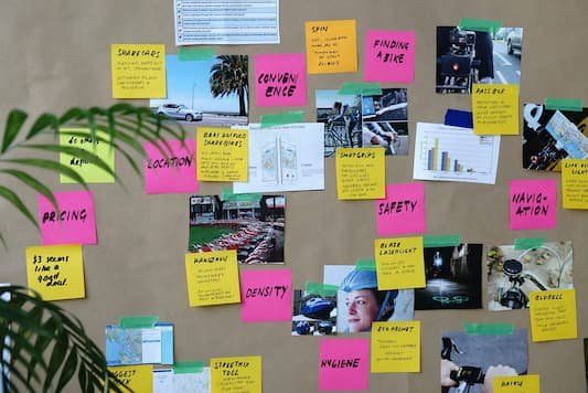Bulletin board with photos and post it notes 
