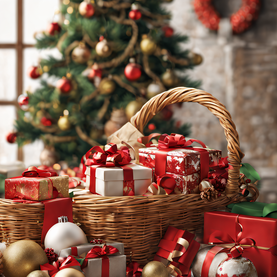 Wicker basket filled with wrapped gifts tied in red ribbons, surrounded by ornaments and placed in front of a decorated Christmas tree with red and gold accents. Christmas gift basket