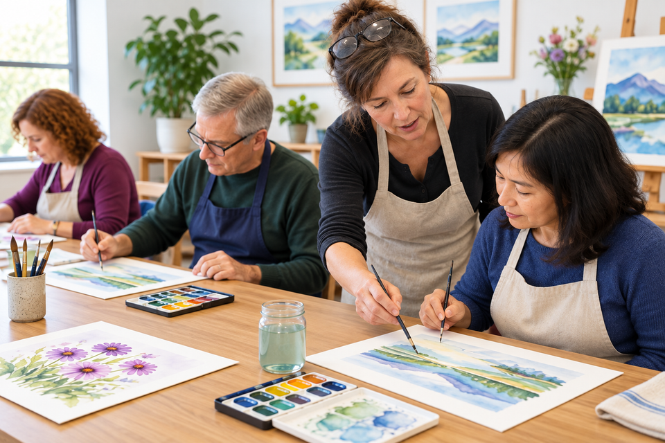 Watercolor workshop in sunlit art studio