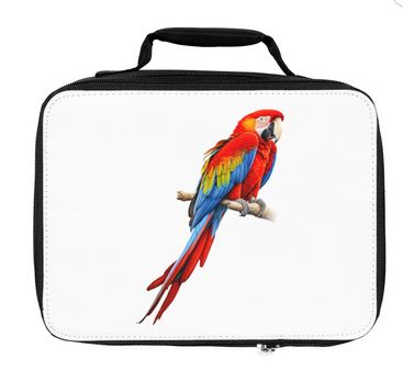 The Scarlet Macaw is a beautiful bird of the tropics portrayed on the is lunch bag.